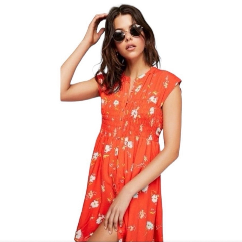 Free People Dress Womens XS Greatest Day Smocked Button Down Orange Floral Mini